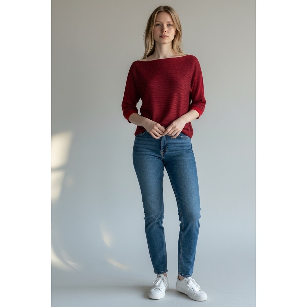 Armani Jeans Red Blue‎ Stripe Boat Neck 3/4 Sleeve Knit Top Size Large